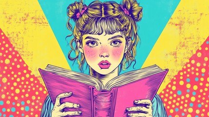 Fototapeta premium Retro coloring book illustration of a back to school theme A girl holds a book Schoolgirl on a bright background Engaging in language study Learning at home Adorable child practicing reading skill