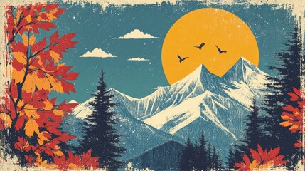 Retro illustration of a mountain landscape with autumn leaves and a rowan tree