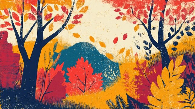 Retro illustration of Autumn scenery with colorful foliage and cozy elements