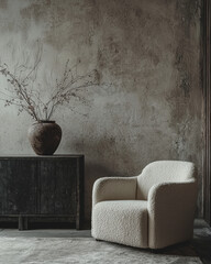 Minimalist, loft interior design of modern living room. Comfortable chair and foot stool in a modern living room with concrete walls and potted plant.