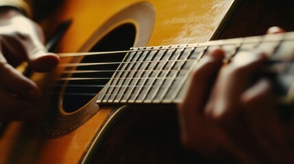 Fototapeta premium Close-up of a Musician Playing an Acoustic Guitar