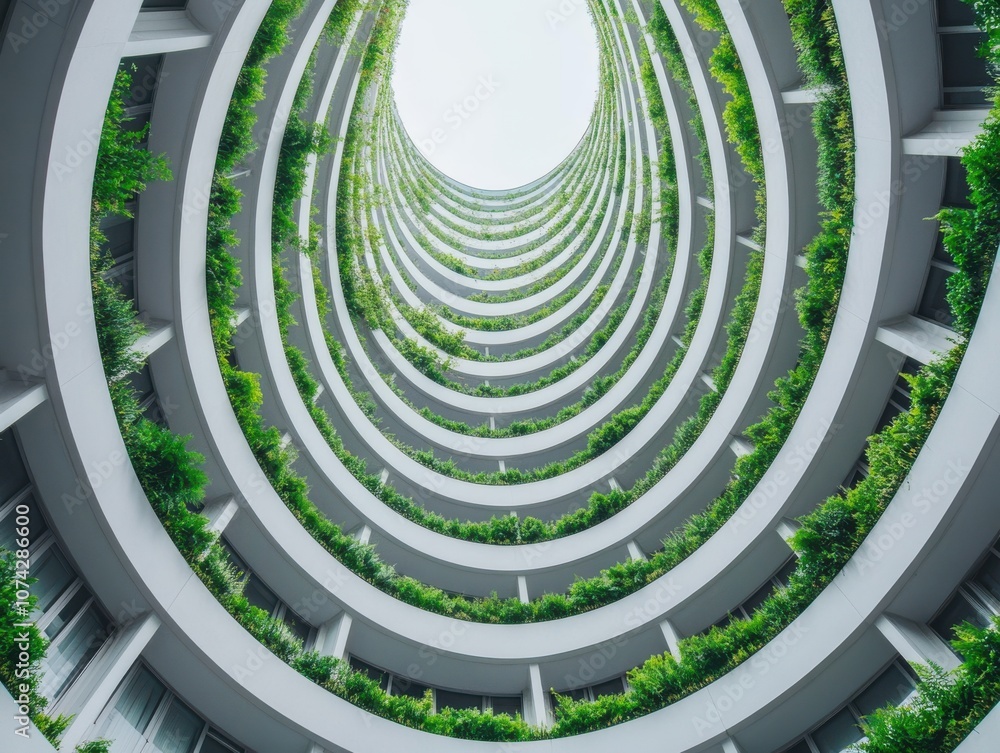 Poster modern architectural design featuring greenery in a circular structure.