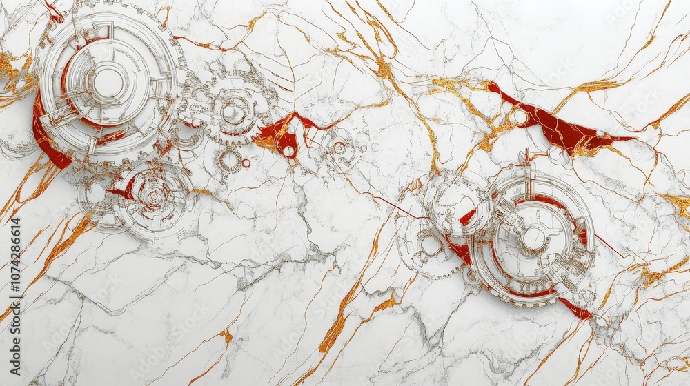 Poster abstract marble background with intricate gear designs and splashes of red and gold, ideal for creat