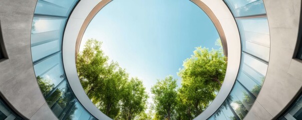 Fototapeta premium Modern architecture featuring circular design with lush greenery.
