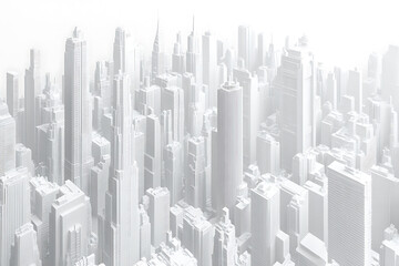 A highly detailed 3D model of a cityscape in pristine white, featuring buildings, streets, and infrastructure with intricate precision, creating a modern and minimalistic urban design without textures