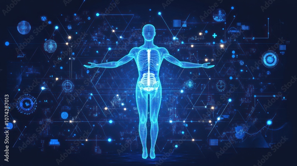 Poster a digital representation of the human body with data visualizations and scientific elements.