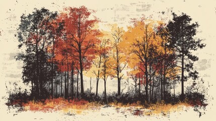Autumn landscape illustration featuring beautifully colored trees in a forest glowing under sunlight A picturesque backdrop for coloring and nature appreciation