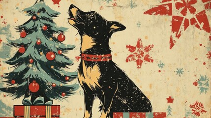 Retro illustration of a dog beneath a festive tree Playful pet with a gift Joyful celebration