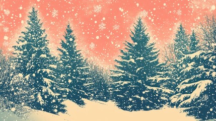 Obraz premium Retro illustration of a winter landscape snow covered trees with falling snowflakes