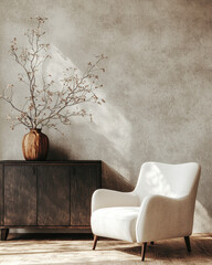 Minimalist, loft interior design of modern living room. Comfortable chair and foot stool in a modern living room with concrete walls and potted plant.