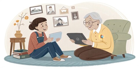 Fototapeta premium Indian granddaughter teaching her grandmother how to use a tablet, sitting together on a rug in the living room, bridging the generation gap and sharing knowledge