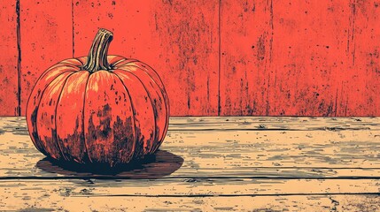 Autumn themed coloring page featuring a pumpkin on a wooden surface