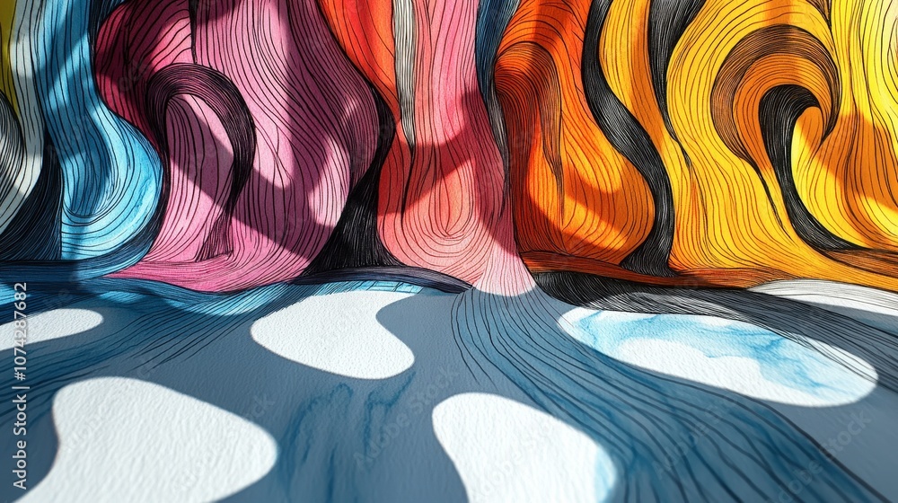 Poster vibrant and colorful abstract design with flowing shapes and patterns, showcasing curved lines and g