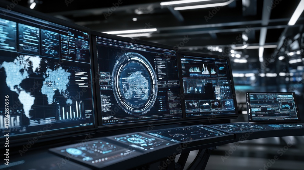 Poster a high-tech control room with multiple screens displaying data and analytics.