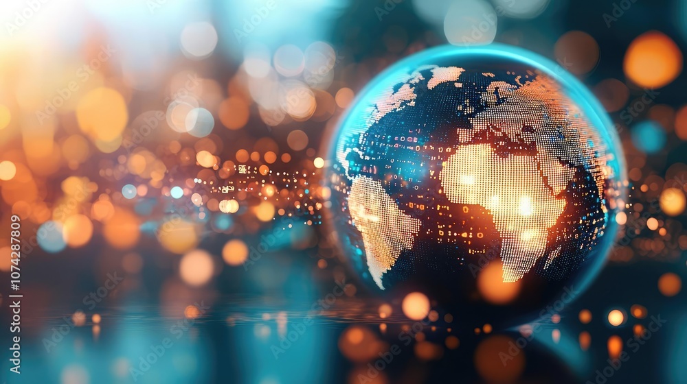 Poster Illuminated globe with a futuristic digital background and bokeh lights.
