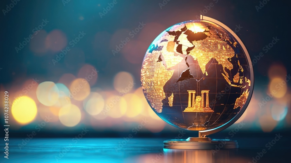 Poster Globe with illuminated countries, bokeh background, ideal for global topics.