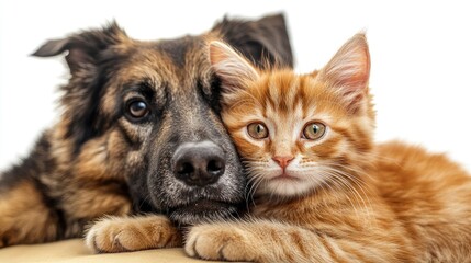 Obraz premium Close-up of a German Shepherd and a ginger cat, with the dog's head resting on the cat's back.