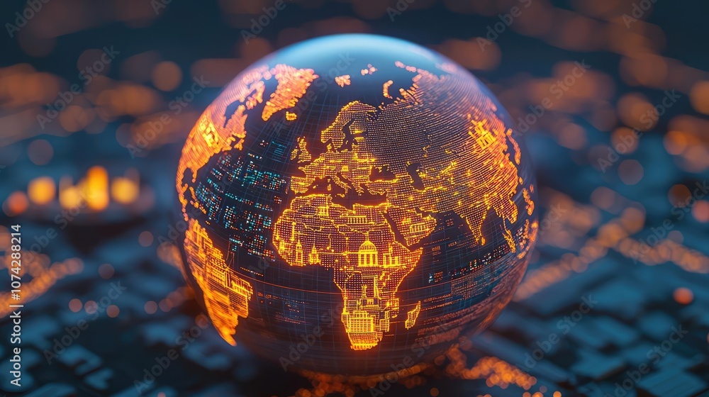 Poster glowing 3d globe representing the world with cities illuminated.