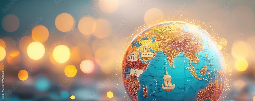 Poster globe on a blurred background with shimmering lights, representing global travel.