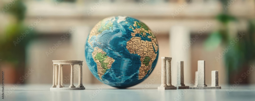 Poster Globe surrounded by miniature ancient columns on a table.