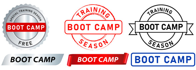 Obraz premium Boot camp stamp colorful badge social camping event training place sticker emblem label seal design icon set collection