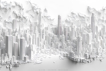 A highly detailed 3D model of a cityscape in pristine white, featuring buildings, streets, and infrastructure with intricate precision, creating a modern and minimalistic urban design without textures