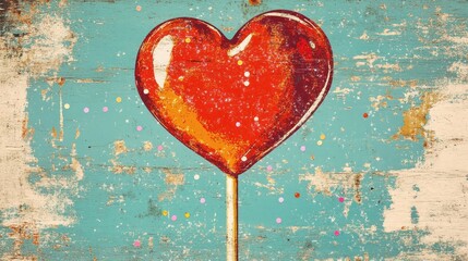 Retro illustration of a heart shaped lollipop candy on a pastel background with floating sequins Love theme in a minimalist style