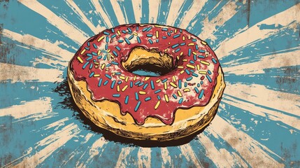Retro illustration of a single doughnut with decorative sprinkles