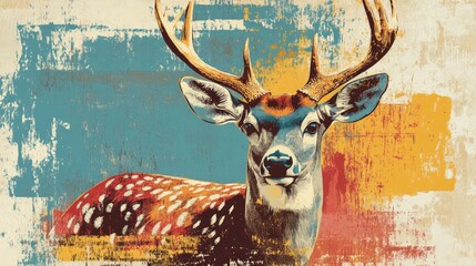 Retro coloring book illustration of a dappled deer buck on a plain background