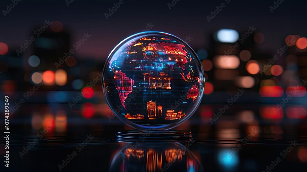 Poster glowing globe featuring a digital cityscape on a reflective surface.