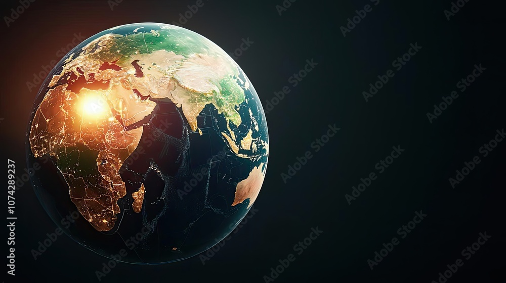 Poster detailed view of earth with illuminated continents on a dark background.