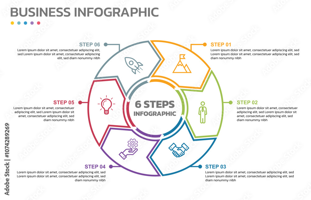 Poster Visual data presentation. Cycle diagram with 6 options. Pie Chart Circle thin line infographic template with 6 steps, options, parts, segments. Business concept. Editable pie chart with sectors.