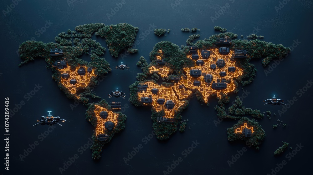 Poster world map made of moss and glowing elements on dark background.