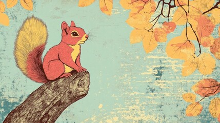 Cute fluffy squirrel sitting on a tree trunk in an autumn park with golden leaves