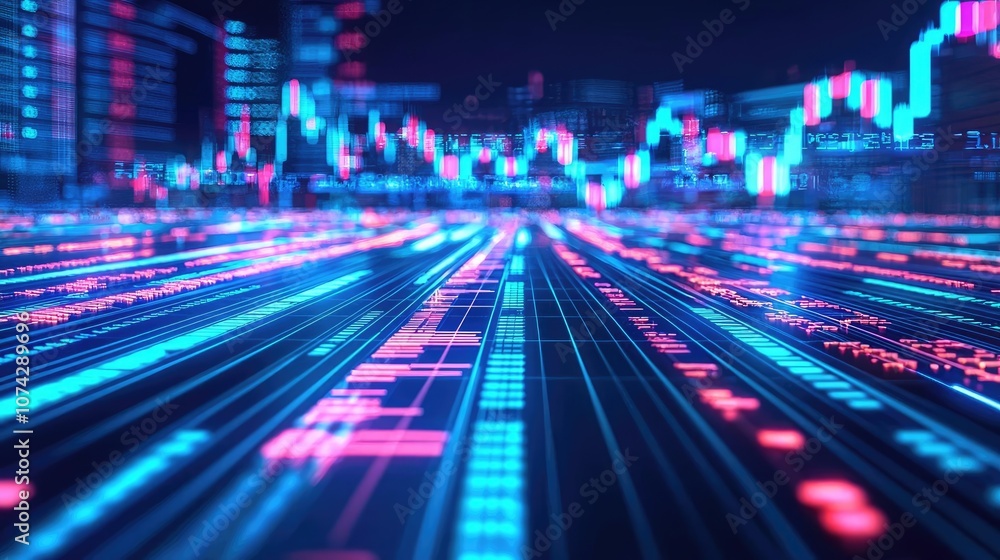 Poster Digital data visualization with vibrant neon colors and dynamic graph patterns.