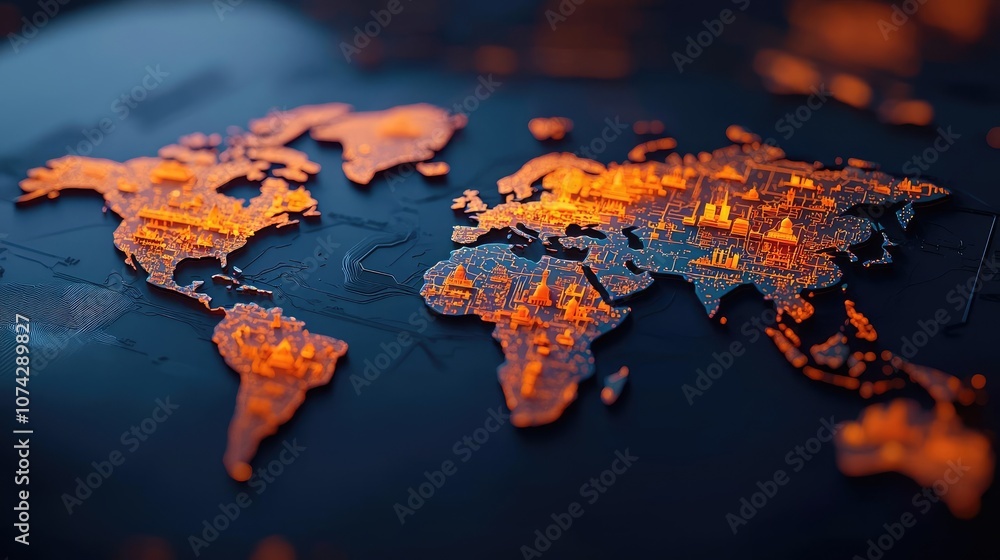 Poster illuminated world map on dark background, showcasing modern design and connectivity.