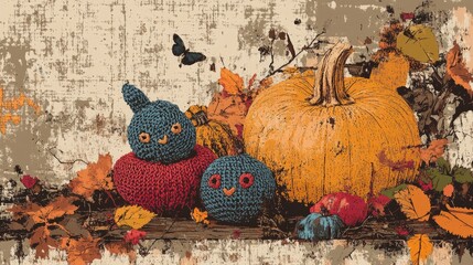 Retro illustration of Autumn crochet featuring handmade amigurumi toys crafted from natural yarn Adorable decorations for seasonal celebrations Hobbies and leisure theme