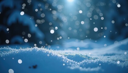 Soft snowfall with glowing blue and white bokeh lights against a dark wintry background.