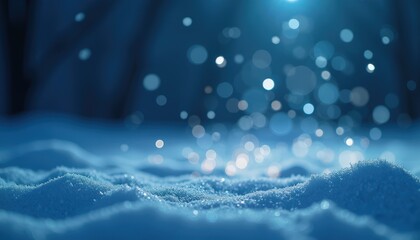 Soft snowfall with glowing blue and white bokeh lights against a dark wintry background.