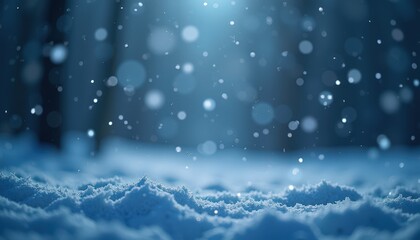 Soft snowfall with glowing blue and white bokeh lights against a dark wintry background.