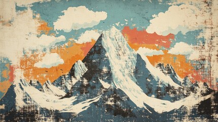 Fototapeta premium Retro illustration of snowy mountain landscape with single clouds