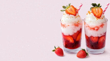 Two delightful strawberry desserts topped with whipped cream and garnished with fresh strawberries, served in clear glasses.