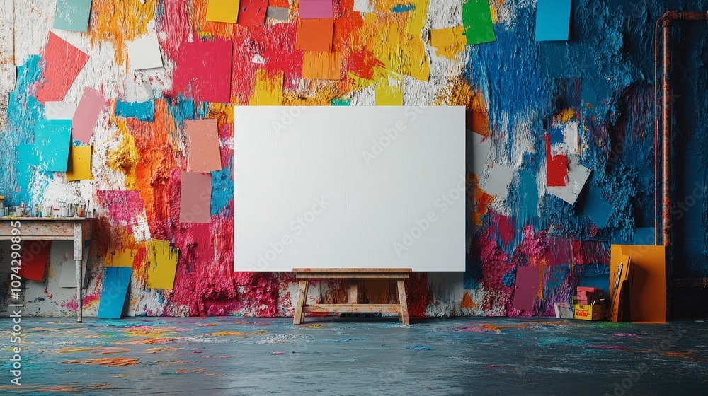 Poster vibrant art studio setting with blank canvas surrounded by colorful paint splashes and creative tool