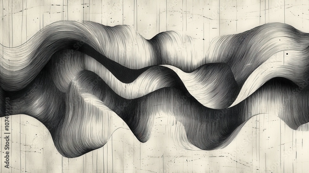 Poster abstract black and white illustration featuring flowing, wavy lines and textured patterns suitable f