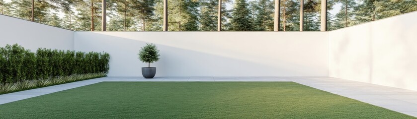Modern outdoor space with greenery and minimalist design.