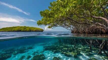 Obraz premium Mangrove forest and coral reefs in split shot