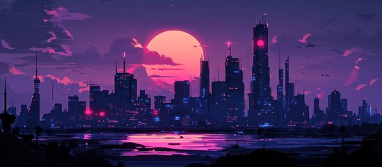 A futuristic city skyline with a large glowing sun setting behind it. The city is lit up with neon lights, and the water reflects the city lights.