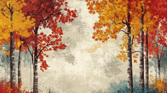 Retro coloring page of Beech trees in an autumn forest featuring vibrant fall foliage in misty surroundings