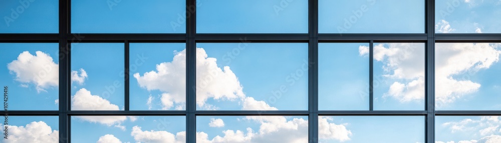 Poster modern window frames reflecting a clear sky with fluffy clouds.