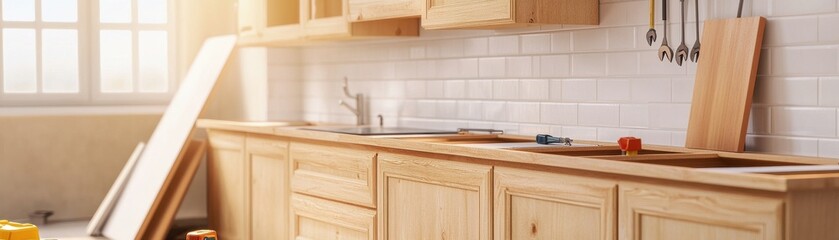 Fototapeta premium Modern wooden kitchen cabinetry in a well-lit renovation space.